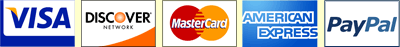 We Accept Visa, Discover, MasterCard, American Express, and Paypal