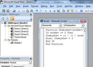 Typing the code for a Chebyschev custom function in Microsoft Excel.