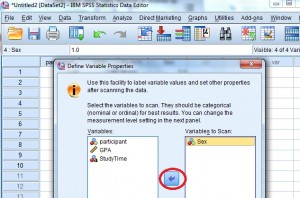 Selecting the variables to define in SPSS.