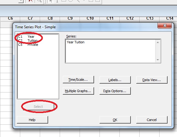 Choosing the variables you want to include in the timeplot in Minitab.