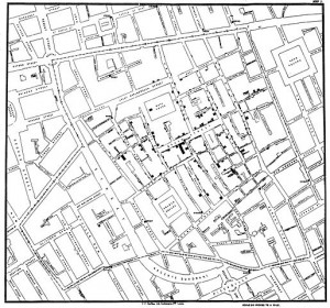 Original map by John Snow showing the clusters of cholera cases in the London epidemic of 1854