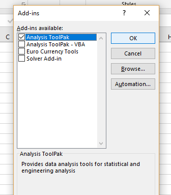 Excel Data Analysis ToolPak - Check the Data Analysis Toolpak check box image