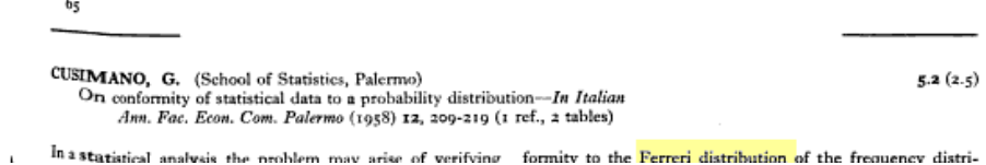 mention of the Ferreri distribution in the 1959 book International Journal of Abstracts: Statistical Theory and Methods Volume 1 image