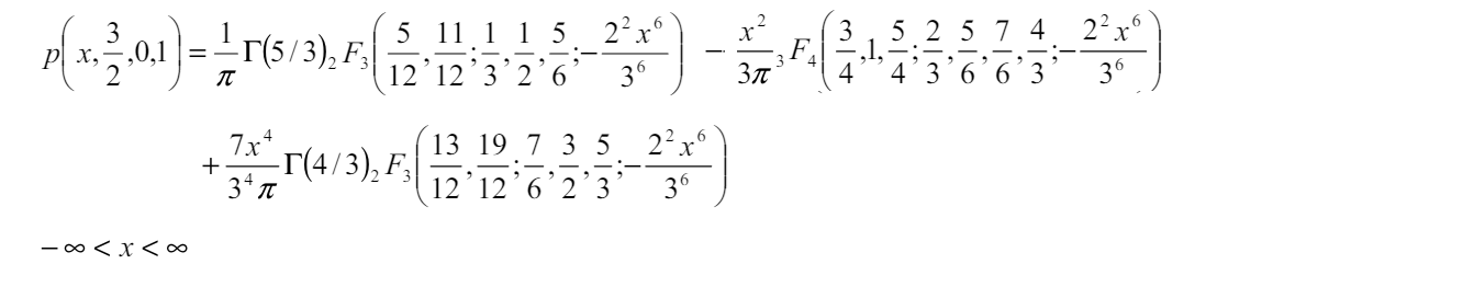 The PDF of the Holtsmark distribution   expressed in terms of hypergeometric functions [3].