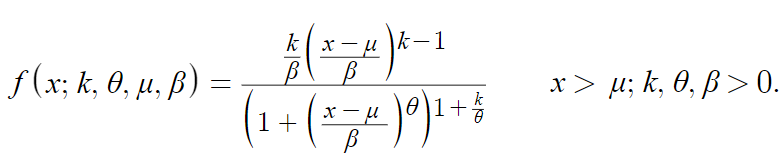 pdf with shape parameters k,θ, location parameter and scale parameter β.